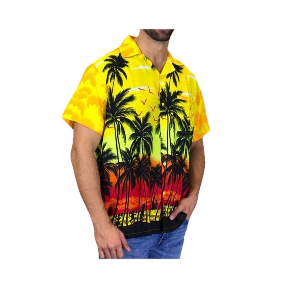 King Kameha Hawaiian Shirt Mens L Yellow Palm Tree Sunset Beach Aloha